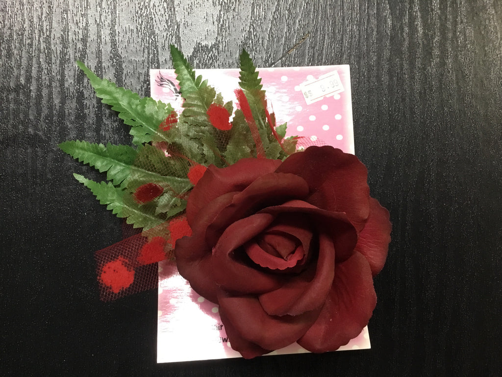 Large  Open Red Rose  Floral Leaf  Hair Accessory